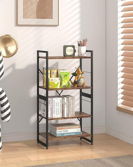 4 Tiers Bookshelf Adjustable Shelf Organizer, Rustic Brown Small Bookcase for Small Space,Industrial Wooden Storage Bookcase Display Rack and Storage Organizer for Living Room Home Office - LeafyLoom
