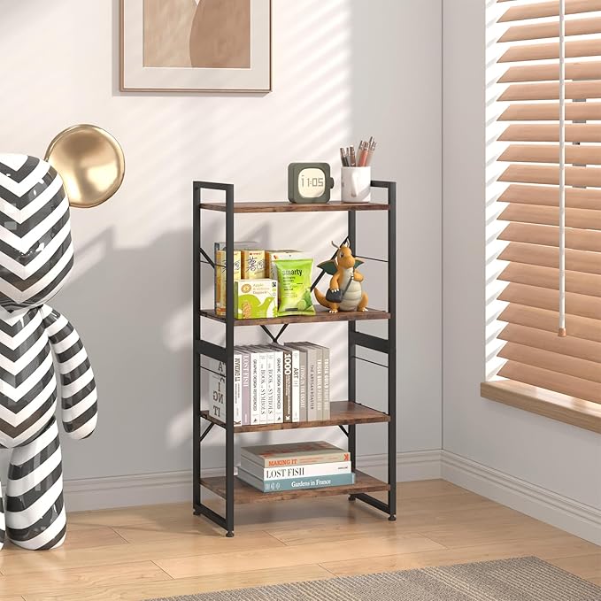4 Tiers Bookshelf Adjustable Shelf Organizer, Rustic Brown Small Bookcase for Small Space,Industrial Wooden Storage Bookcase Display Rack and Storage Organizer for Living Room Home Office - LeafyLoom