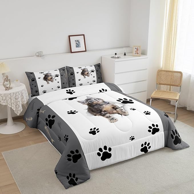 Kids Cat Comforter Set King,3D Cute Kawaii Cat Bedding Set Lovely Animal Kitten Paw Print Down Comforter for Girls Boys Cat Lovers' Bedroom,Fish Bone Decor Quilt Duvet Set Grey White 2 Pillow Cases - LeafyLoom