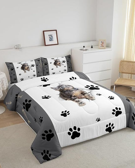 Kids Cat Comforter Set Twin,3D Cute Kawaii Cat Bedding Set Lovely Animal Kitten Paw Print Down Comforter For Girls Boys Cat Lovers' Bedroom,Fish Bone Decor Quilt Duvet Set Grey White 1 Pillow Case - LeafyLoom