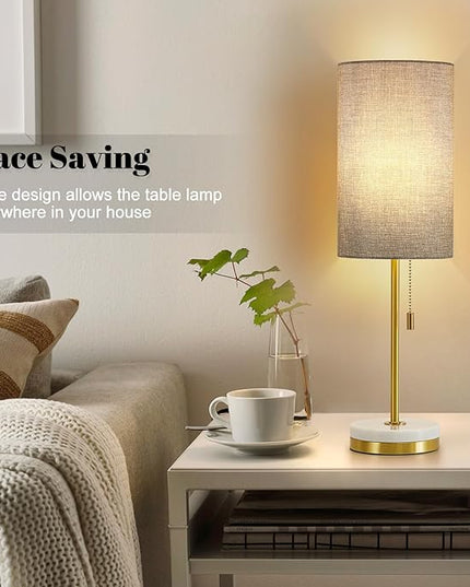 Luvkczc Minimalist Table Lamp Set of 2, Nightstand Lamp for Bedroom Living Room, Modern Pull Chain Bedside Lamp with Marble Base, Fabric Shade, Small Desk Lamp for Home, Office, Reading,Grey - LeafyLoom