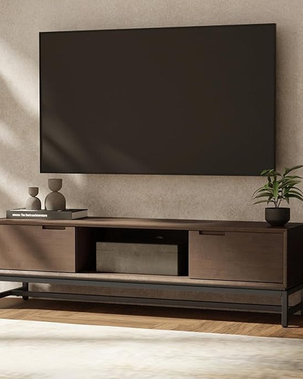 SIMPLIHOME Banting SOLID HARDWOOD Wide Modern Industrial Media Stand for TVs up to 80 inches for The Living Room and Entertainment Center, 72 inch, Walnut Brown - LeafyLoom