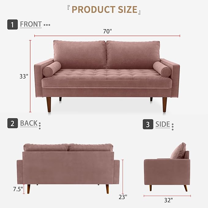 Velvet Furniture for Small Spaces, Mid-Century Modern Loveseats for Living Room, Love Seat Couch Sofas, 70 Inches, Rose - LeafyLoom