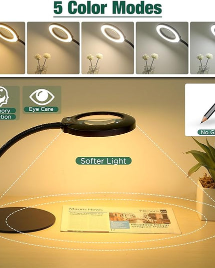 8X Magnifying Glass with Light and Stand, 5 Color Modes Stepless Dimmable Flexible Gooseneck Magnifying Desk Lamp, LED Lighted Magnifier Hands Free for Craft Reading Painting Close Work Hobby - LeafyLoom
