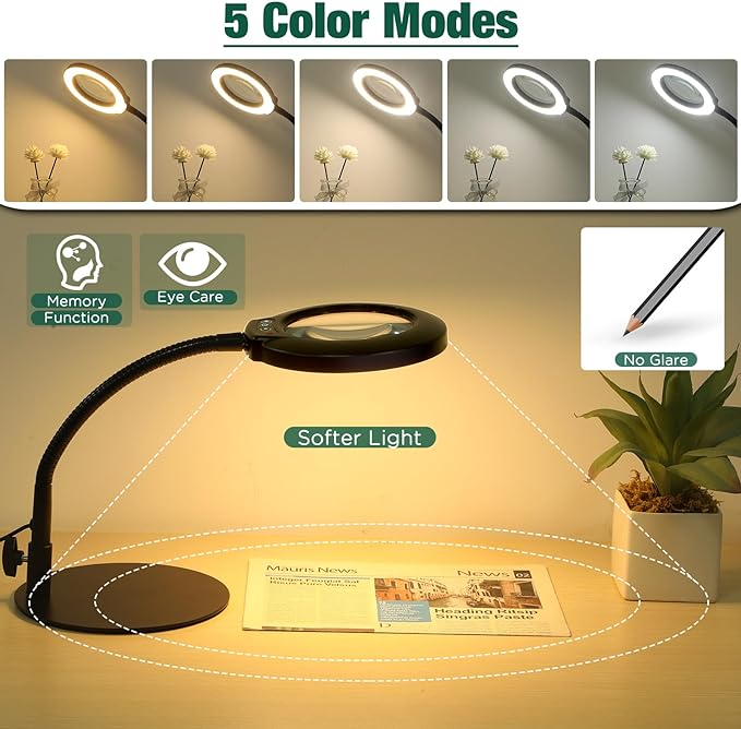 8X Magnifying Glass with Light and Stand, 5 Color Modes Stepless Dimmable Flexible Gooseneck Magnifying Desk Lamp, LED Lighted Magnifier Hands Free for Craft Reading Painting Close Work Hobby - LeafyLoom