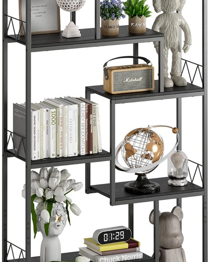 Gizoon 71” Industrial Bookshelves for Storage, Tall Display Etagere 8-Shelves for Bedroom, Metal Frame Staggered Bookcases for Bedroom, Living Room, Home Office, Black - LeafyLoom