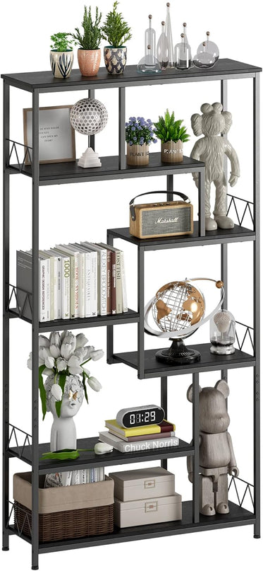 Gizoon 71” Industrial Bookshelves for Storage, Tall Display Etagere 8-Shelves for Bedroom, Metal Frame Staggered Bookcases for Bedroom, Living Room, Home Office, Black - LeafyLoom