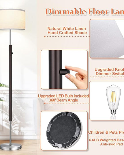 【Upgraded】 Dimmable Floor Lamp for Living Room, 1100 Lumens LED Edison Bulb Included, Simple Standing Lamp with Linen Lamp Shade, Modern Tall Lamp for Living Room Bedroom Office Dining Room Dorm - LeafyLoom