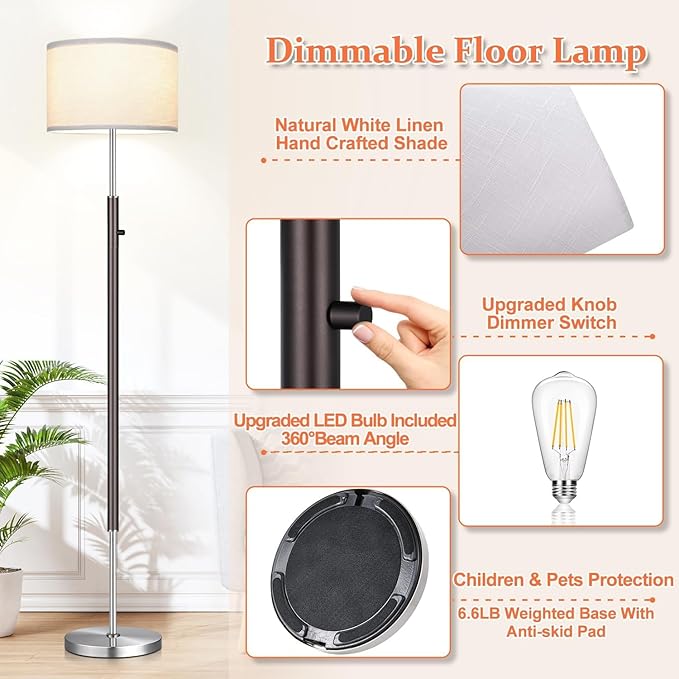 【Upgraded】 Dimmable Floor Lamp for Living Room, 1100 Lumens LED Edison Bulb Included, Simple Standing Lamp with Linen Lamp Shade, Modern Tall Lamp for Living Room Bedroom Office Dining Room Dorm - LeafyLoom
