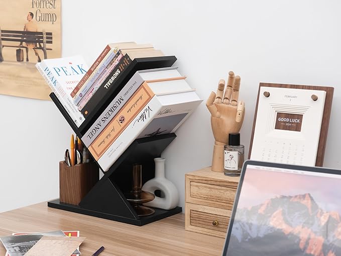 Labcosi 2 Tier Tree Bookshelf, Small Bookshelf for Storing Books/CDs, Wood Book Organizer Shelves for Home Office, Bedroom, Living Room, Black - LeafyLoom