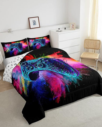Erosebridal Boys Gaming Bed Comforter Set King Size,Kids Gamer Bedding Sets Girls,Colorful Tie Dye Video Game Quilt Comforter Navy Blue Gamepad Lightweight Bedding Set 1 Comforter with 2 Pillowcases - LeafyLoom