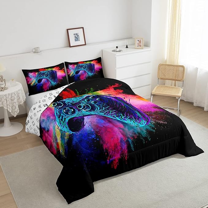 Erosebridal Boys Gaming Bed Comforter Set Queen Size,Kids Gamer Bedding Sets Girls,Colorful Tie Dye Video Game Quilt Comforter Navy Blue Gamepad Lightweight Bedding Set 1 Comforter with 2 Pillowcases - LeafyLoom