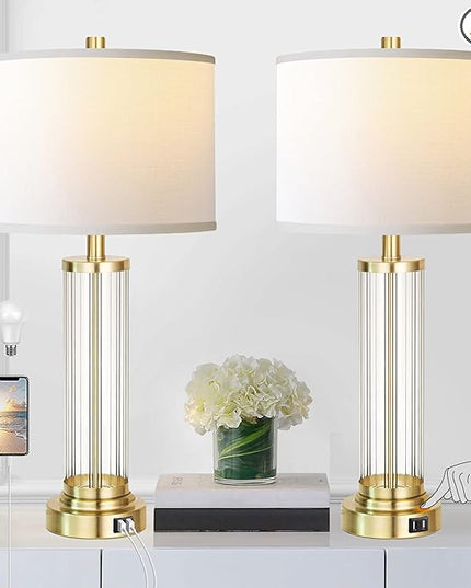 QiMH Touch Control Table Lamp Set of 2 with USB Ports, 3-Way Dimmable Nightstand Lamp with Fabric Cream Shade, Modern Bedside Lamp for Living Room Bedroom Reading, LED Bulbs Included - LeafyLoom