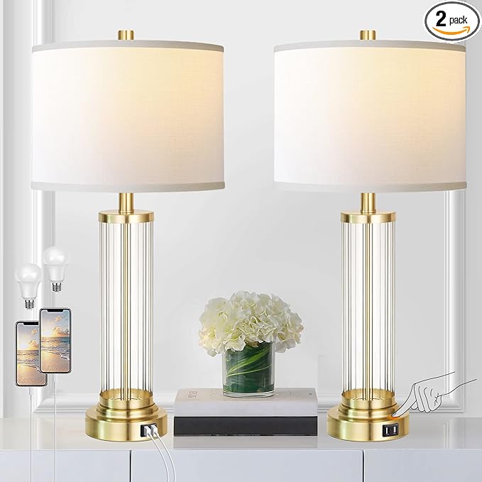 QiMH Touch Control Table Lamp Set of 2 with USB Ports, 3-Way Dimmable Nightstand Lamp with Fabric Cream Shade, Modern Bedside Lamp for Living Room Bedroom Reading, LED Bulbs Included - LeafyLoom