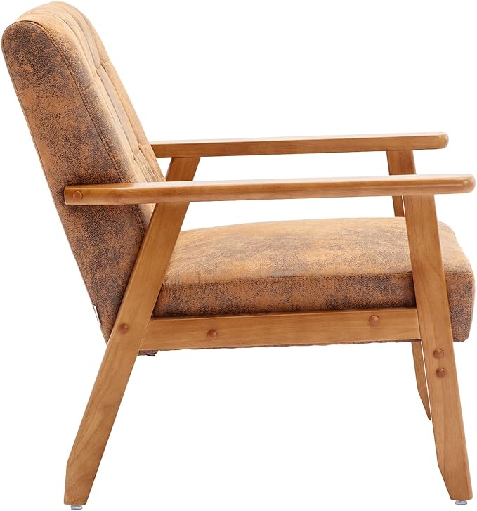 Mid-Century Accent, Modern Single Armchair, Upholstered Leisure Lounge Chair wth Solid Wood Armrest and Feet for Living Room, Bedroom, Office, Coffee - LeafyLoom