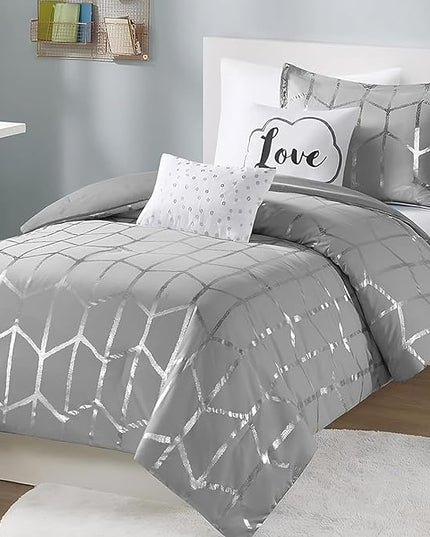 Intelligent Design Raina Twin / Twin XL Comforter Set, Soft Microfiber Comforter Set Twin, Modern Geometric Metallic Bed Set, 4 Pieces College Bedding Comforter Set with 1 Sham, 2 Toss Pillows Grey - LeafyLoom