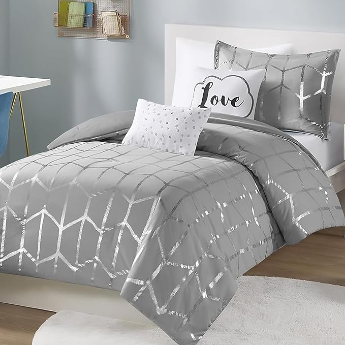 Intelligent Design Raina Twin / Twin XL Comforter Set, Soft Microfiber Comforter Set Twin, Modern Geometric Metallic Bed Set, 4 Pieces College Bedding Comforter Set with 1 Sham, 2 Toss Pillows Grey - LeafyLoom