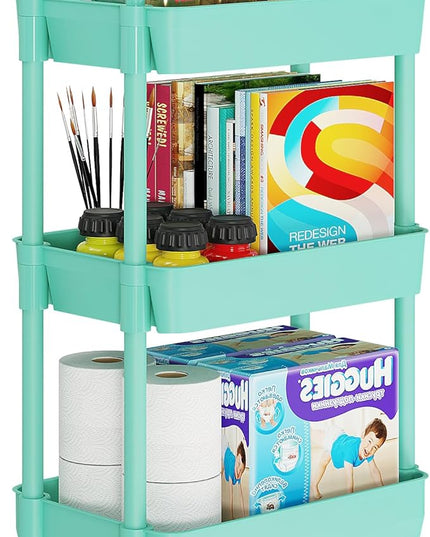 3-Tier Storage Cart,Multifunction Utility Rolling Cart Kitchen Storage Organizer,Mobile Shelving Unit Cart with Lockable Wheels for Bathroom,Laundry,with Classified Stickers,Green - LeafyLoom