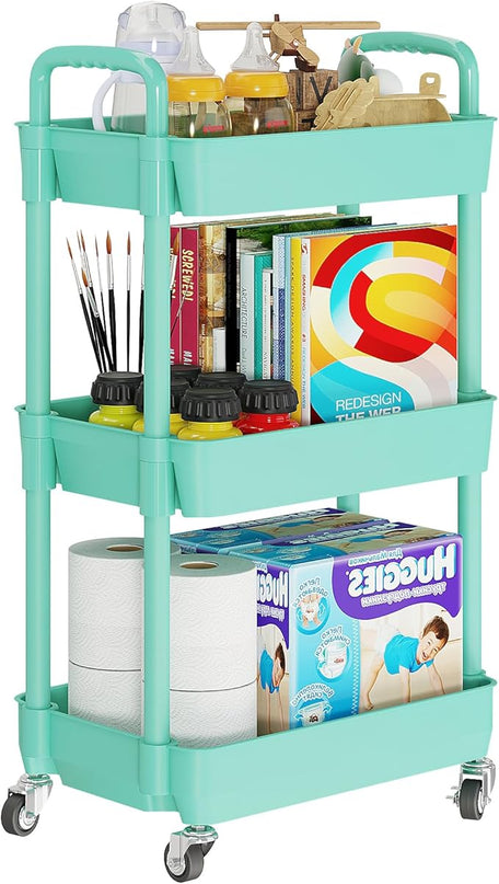 3-Tier Storage Cart,Multifunction Utility Rolling Cart Kitchen Storage Organizer,Mobile Shelving Unit Cart with Lockable Wheels for Bathroom,Laundry,with Classified Stickers,Green - LeafyLoom
