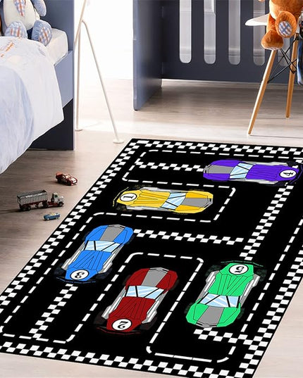 Car Rug Race Car Rug Car Track Rugs for Boys Race Track Carpet Race Car Track Rug Car Rug for Boys Room Car Rug Play Mat Car Carpet for Kids Rugs for Boys Bedroom,Black 2'5''×4' - LeafyLoom