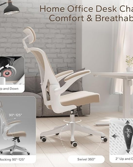 Ergonomic Office Chair Home Desk Office Chair with Adjustable Headrest & Cushion for Lumbar Support, High Back Computer Chair with Thickened Cushion Desk Chairs Khaki - LeafyLoom