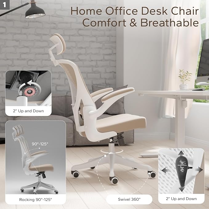 Ergonomic Office Chair Home Desk Office Chair with Adjustable Headrest & Cushion for Lumbar Support, High Back Computer Chair with Thickened Cushion Desk Chairs Khaki - LeafyLoom