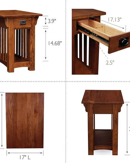Leick Home 82262 Mission Mantel Height Bookcase with Slatted Sides and Top Drawer, Made with Wood & 8206 Mission Impeccable One Drawer Side Table with Shelf, Furniture, Medium Oak, Russet - LeafyLoom