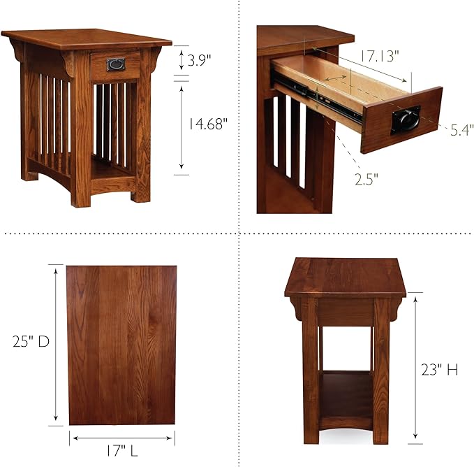 Leick Home 82262 Mission Mantel Height Bookcase with Slatted Sides and Top Drawer, Made with Wood & 8206 Mission Impeccable One Drawer Side Table with Shelf, Furniture, Medium Oak, Russet - LeafyLoom