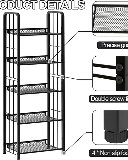 Bookshelf Storage Shelf Bookcase Freestanding Storage Stand Book Organizer for Living Room, Bedroom, Kitchen, Rust Resistance,Easy Assembly Multi-Functional Organizer (5 Tiers, Black) - LeafyLoom