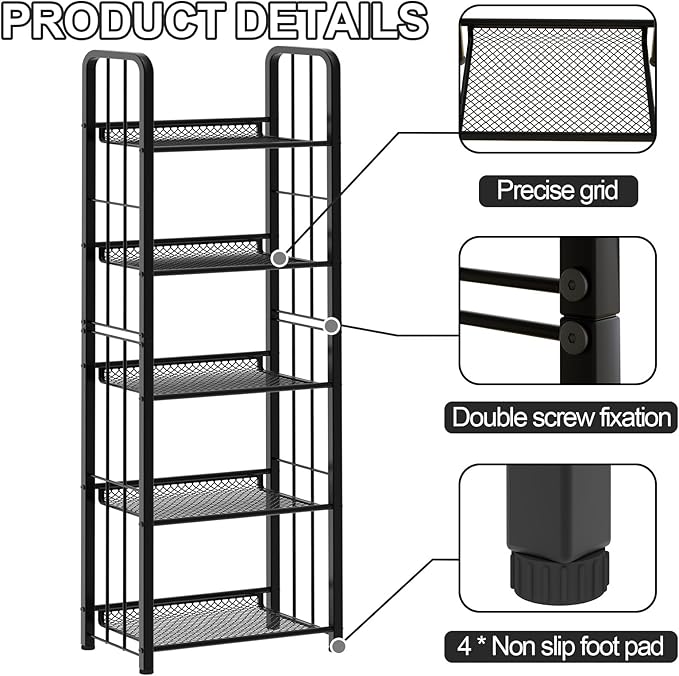 Bookshelf Storage Shelf Bookcase Freestanding Storage Stand Book Organizer for Living Room, Bedroom, Kitchen, Rust Resistance,Easy Assembly Multi-Functional Organizer (5 Tiers, Black) - LeafyLoom