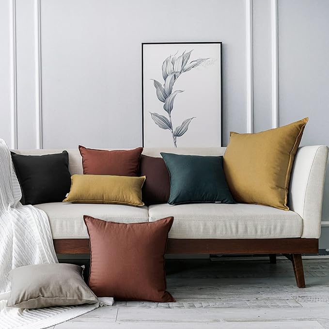 Jeanerlor Natural Cotton Linen Green Decorative 12"x20" Throw Pillow Case Cushion Cover with Twin Needles Stitch on Edge for Lumbar, (30 x 50cm), 2 Pcs, Dark Green - LeafyLoom