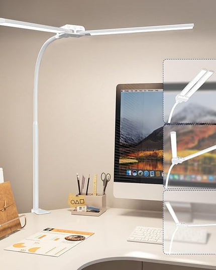 KableRika Desk lamp,Double Head LED Desk Lamp with Clamp,Architect Desk Lights for Home Office,Eye-Caring Desktop Office Lamp 4-Brightness 4-Color Table Lamp for Monitor Workbench Reading White - LeafyLoom