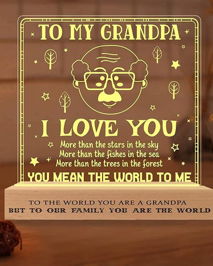 Grandpa Gifts from Grandchildren, to My Grandpa Night Light, Fathers Day Birthday Christmas Gifts for Grandfather, Lamp with Wooden Base for Men, Gifts Bedroom Décor - LeafyLoom