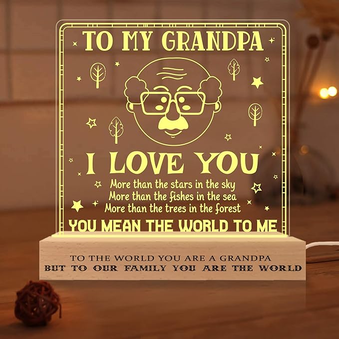 Grandpa Gifts from Grandchildren, to My Grandpa Night Light, Fathers Day Birthday Christmas Gifts for Grandfather, Lamp with Wooden Base for Men, Gifts Bedroom Décor - LeafyLoom