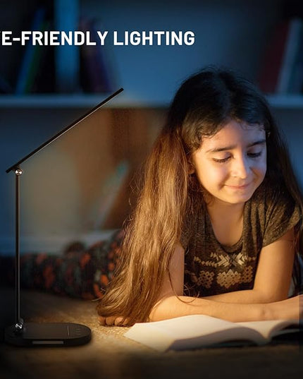 LED Desk Lamp for Home Office, Dimmable Table Lamp with USB Charging Port, 5 Lighting Modes, Sensitive Control, 60 Minutes Auto-Off Timer, Eye-Caring Office Lamp(Black) - LeafyLoom
