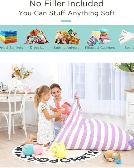Aubliss Stuffed Animal Storage Bean Bag Chairs Cover, 50"x 35" Extra Large Bean Bags Chair for Kids & Adults, Beanbag Toy Storage for Boys Girls - Premium Cotton Canvas Purple Stripe - LeafyLoom