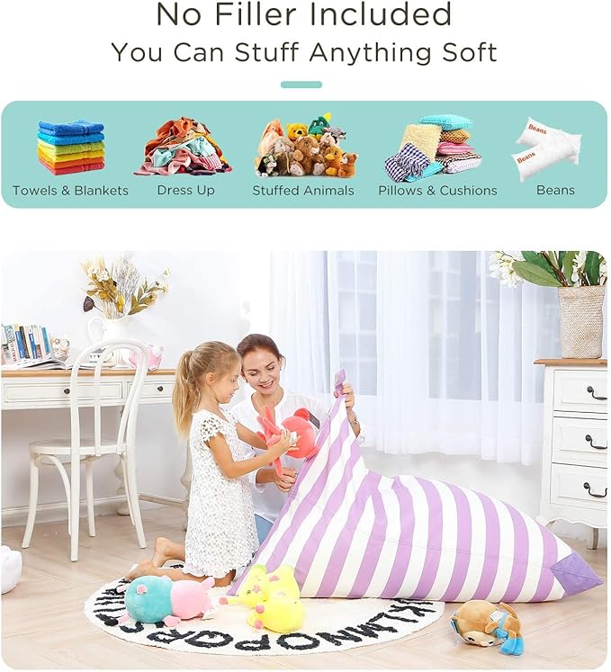Aubliss Stuffed Animal Storage Bean Bag Chairs Cover, 50"x 35" Extra Large Bean Bags Chair for Kids & Adults, Beanbag Toy Storage for Boys Girls - Premium Cotton Canvas Purple Stripe - LeafyLoom