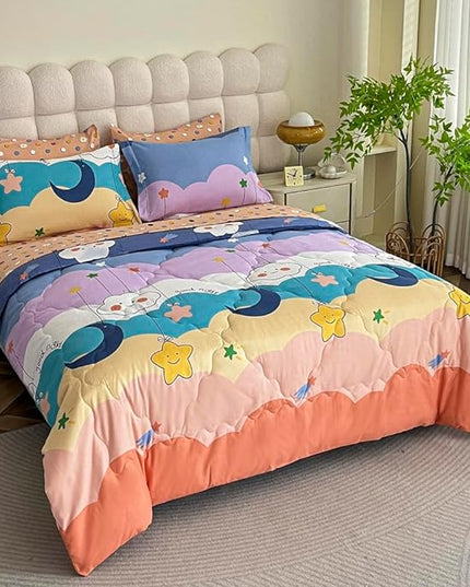 Kids Moon Stars Cloud Comforter Set Twin size - 7 Piece Rainbow Kawaii Bedding Set Bed in A Bag for Girls Boys Teens - Goodnight Moon Neutral Soft Comfortable Machine Washable Bed Set - LeafyLoom
