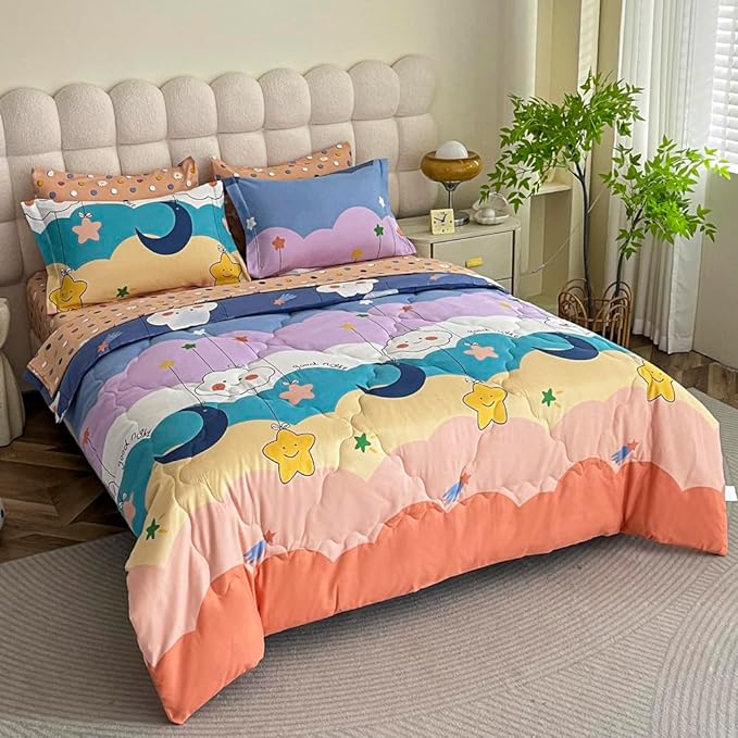 Kids Moon Stars Cloud Comforter Set Twin size - 7 Piece Rainbow Kawaii Bedding Set Bed in A Bag for Girls Boys Teens - Goodnight Moon Neutral Soft Comfortable Machine Washable Bed Set - LeafyLoom