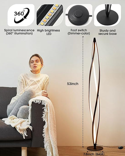 Floor Lamp,LED Floor Lamps for Living room,40W - 2500LM - 3Color Bright Remote Dimmable Standing Lamp,53" Spiral Black Modern Floor Lamp for Living Room Bedroom Office Dining Room. - LeafyLoom