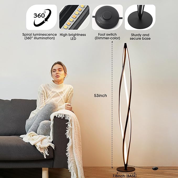 Floor Lamp,LED Floor Lamps for Living room,40W - 2500LM - 3Color Bright Remote Dimmable Standing Lamp,53" Spiral Black Modern Floor Lamp for Living Room Bedroom Office Dining Room. - LeafyLoom