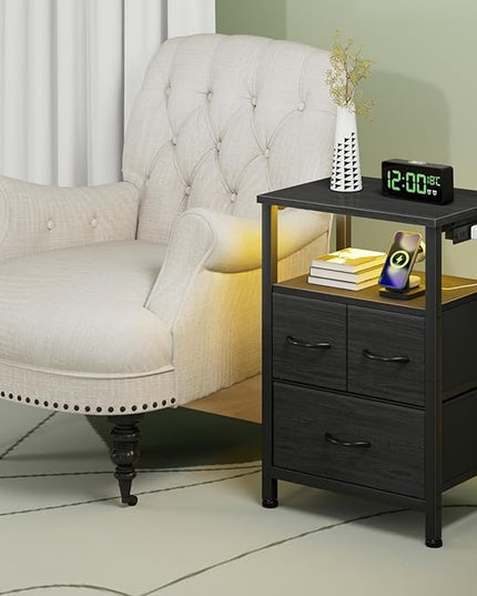 Furnulem Black Nightstand with Wood Shelf, Bedside Table with Led Light and Charging Station, 25.8 Inch End Table with 3 Fabric Storage Drawers, Small Side Table Night Stand for Bedroom Furniture - LeafyLoom