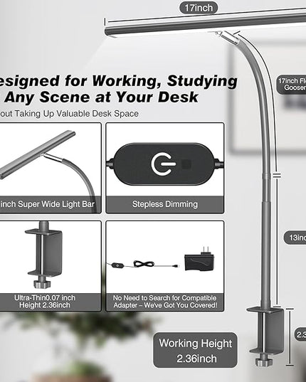 LED Desk Lamp for Office Home, Eye-Caring Desk Light with Stepless Dimming Adjustable Flexible Gooseneck, 10W USB Adapter Desk Lamp with Clamp for Reading, Study, Workbench (Grey) - LeafyLoom