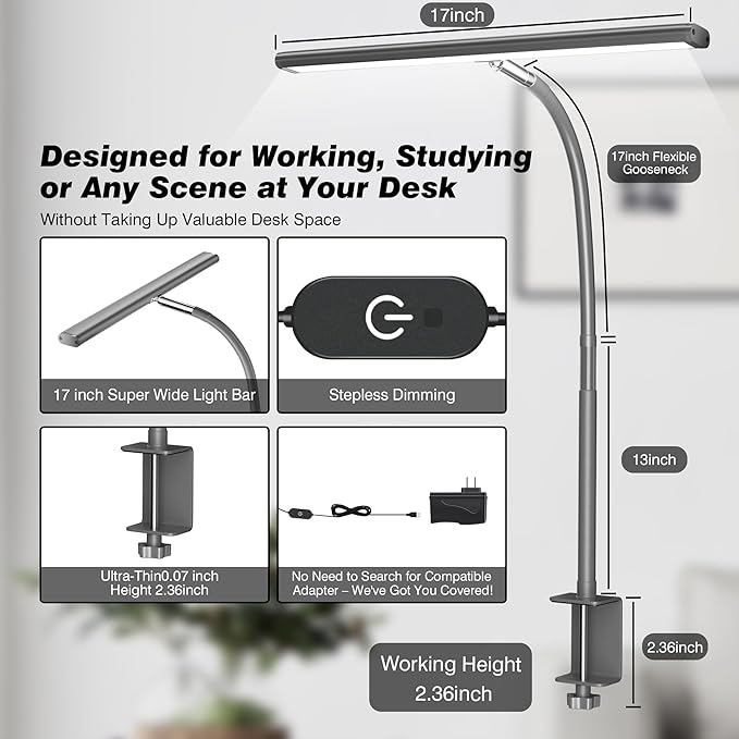 LED Desk Lamp for Office Home, Eye-Caring Desk Light with Stepless Dimming Adjustable Flexible Gooseneck, 10W USB Adapter Desk Lamp with Clamp for Reading, Study, Workbench (Grey) - LeafyLoom