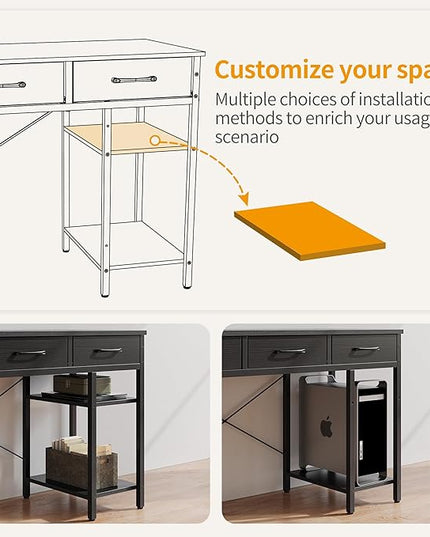 CubiCubi 47 Inch Computer Desk with 3 Drawers and Storage Shelves, Small Home Office Desk, Study Writing Table, Simple Desk for Bedroom, Black - LeafyLoom