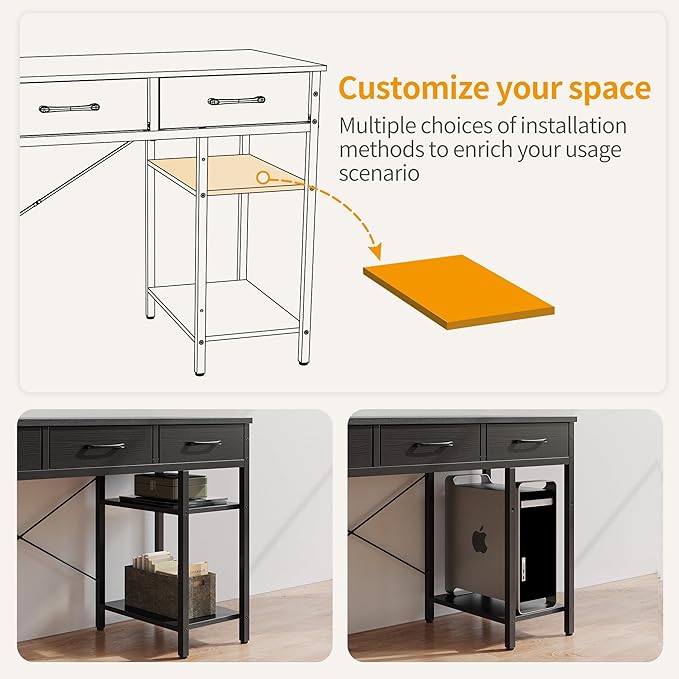 CubiCubi 47 Inch Computer Desk with 3 Drawers and Storage Shelves, Small Home Office Desk, Study Writing Table, Simple Desk for Bedroom, Black - LeafyLoom