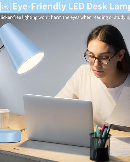 RUNTOP Metal Desk Lamp, Eye-Caring Table Lamp, Study Lamps with Flexible Goose Neck for Bedroom and Office, Desk lamp with USB, 5 Color Temperatures, 5 Brightness Levels (Blue) - LeafyLoom