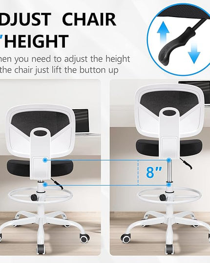 Primy Office Drafting Chair Armless, Tall Office Desk Chair Adjustable Height and Footring, Mid-back Ergonomic Standing Desk Chair Mesh Rolling Tall Chair for Art Room, Office or Home(White) - LeafyLoom