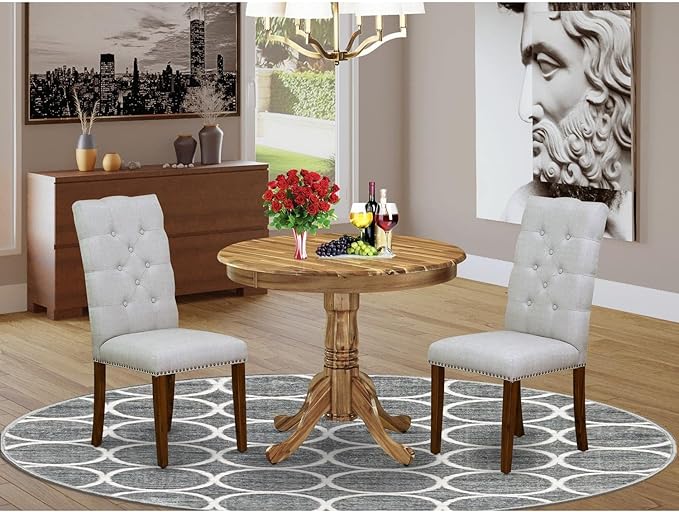East West Furniture Antique 3 Piece Kitchen Set Contains a Round Dining Room Table with Pedestal and 2 Grey Linen Fabric Parsons Dinette Chairs, 36x36 Inch, Natural - LeafyLoom