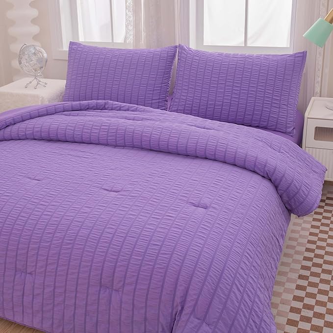 Twin Bed in a Bag Purple Seersucker Comforter Set 5-Pieces Microfiber Lightweight Comforter All Season Bedding Sets with Comforter,Flat Sheet,Fitted Sheet and Pillowcases - LeafyLoom